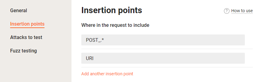 Test policy wizard, the “Insertion points” tab
