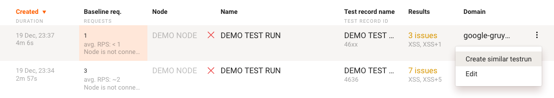 The “Create similar test run” menu entry