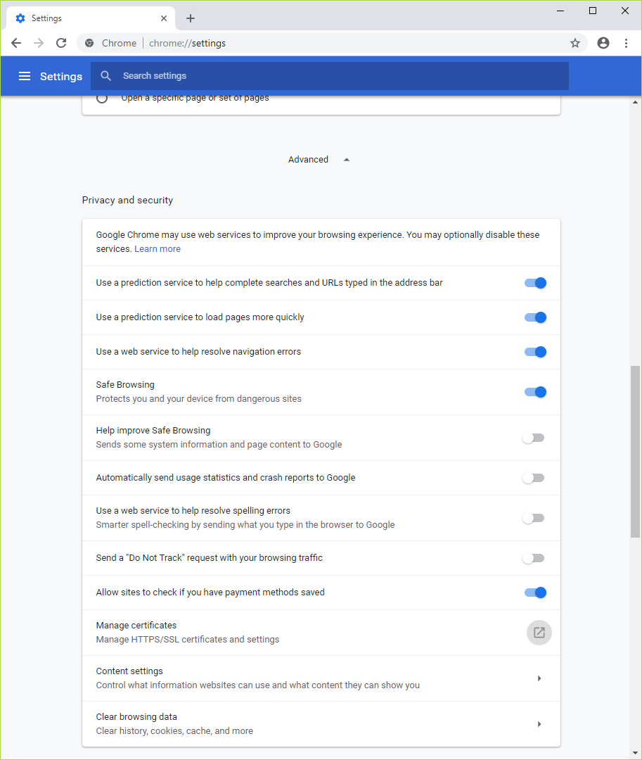 Chrome “Manage certificates” setting